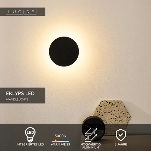 Lucide EKLYPS LED - Wandleuchte - Ø 15 cm - LED - 1x7W 3000K - Schwarz - USP